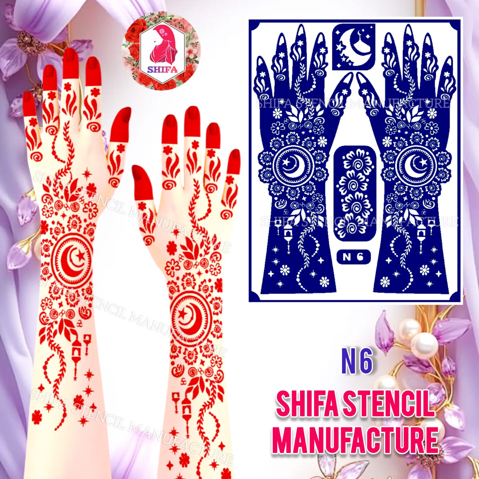 N 6 Starlit Crescent Symphony Sticker Overview Henna Stencil - Shifa Stencil